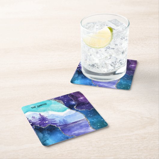 紫とティール(緑がかった色)魔法の雪の湖と森 スクエアペーパーコースター (インサイチュ)