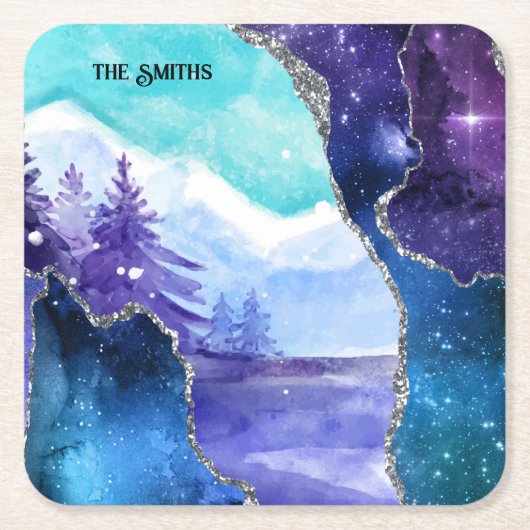 紫とティール（緑がかった色）魔法の雪の湖と森 スクエアペーパーコースター (正面)