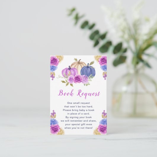 紫とネイビーブルーフローラカボチャ赤ちゃんシャワー エンクロージャーカード (スタンド正面)