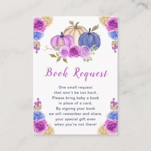 紫とネイビーブルーフローラカボチャ赤ちゃんシャワー エンクロージャーカード (正面)