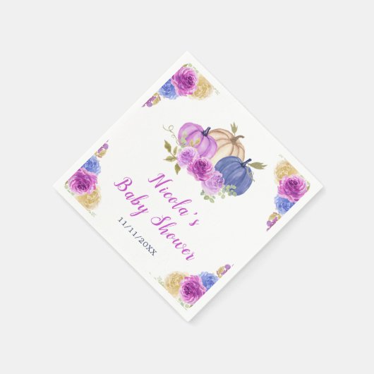 紫とネイビーブルーフローラカボチャ赤ちゃんシャワー スタンダードカクテルナプキン (角)