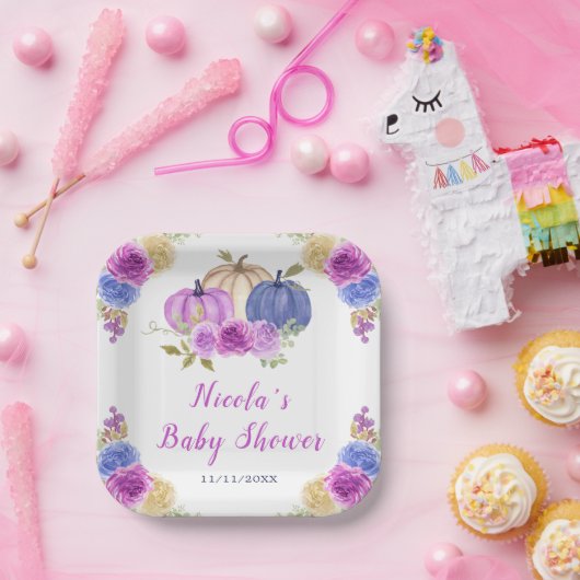 紫とネイビーブルーフローラカボチャ赤ちゃんシャワー ペーパープレート (パーティー)