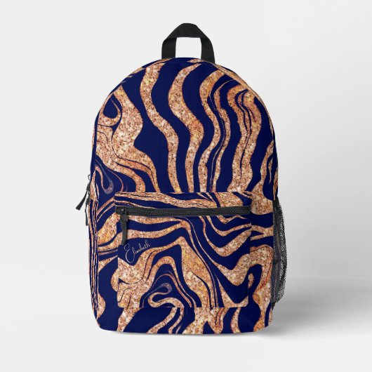 紫とバラの金ゴールドグリッターあなたの名前の女性を追加 プリントバックパック (正面)