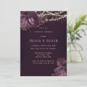 紫とバラの金ゴールド牡丹カップルのシャワー 招待状 (スタンド正面)