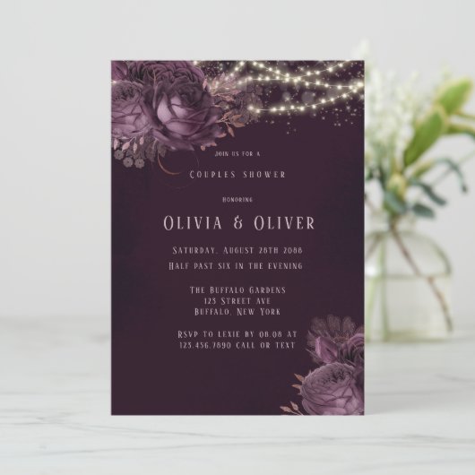 紫とバラの金ゴールド牡丹カップルのシャワー 招待状 (スタンド正面)