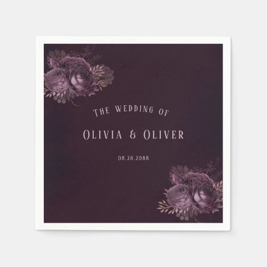 紫とバラ金ゴールド牡丹フローラ結婚ズ スタンダードカクテルナプキン (正面)