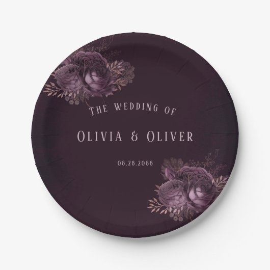 紫とバラ金ゴールド牡丹フローラ結婚ズ ペーパープレート (正面)