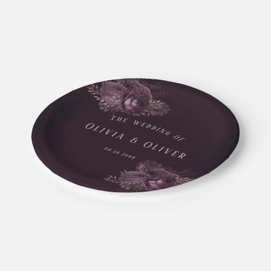 紫とバラ金ゴールド牡丹フローラ結婚ズ ペーパープレート (アングル)