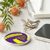 紫とパーソナライズされた黄色のバレーボールの贈り物 キーホルダー (側面)