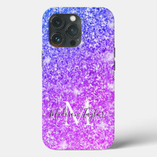 紫とピガーリーンクのグリッターのモノグラム名 iPhone 13 PROケース