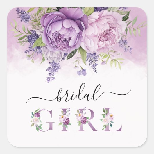 紫とピンクのガーデンフラワー ブライダルシャワー ガール スクエアシール (正面)