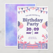紫とピンクのキュートな誕生日パーティー招待状 招待状 (正面/裏面)