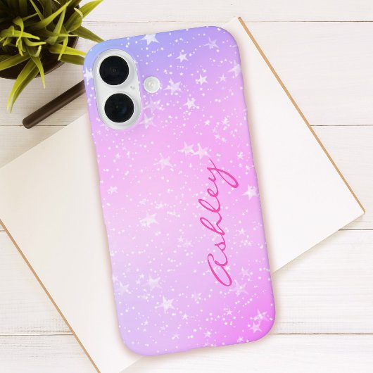 紫とピンクのグラデーション、白い星、スクリプト名 Case-Mate iPhoneケース