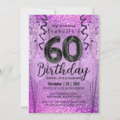 紫とピンクのグリッター60番目の誕生日招待状 招待状 (正面)