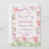 紫とピンクのコスモスの花の水色 招待状 (正面)