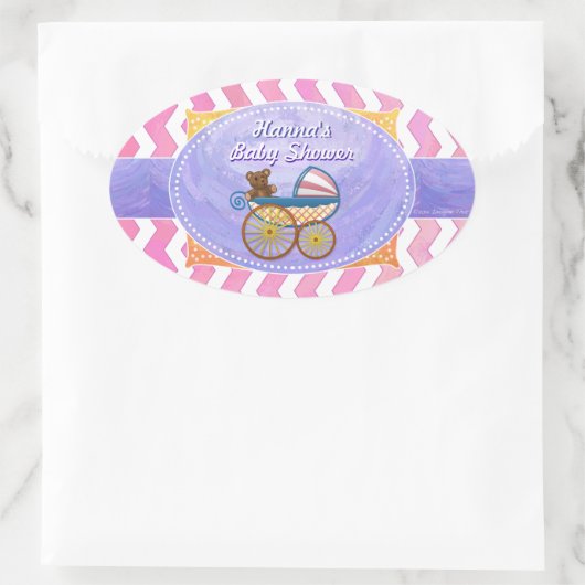 紫とピンクのシェブロンカスタムの赤ちゃんシャワー 楕円形シール (バッグ)