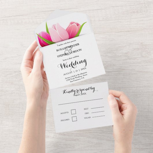 紫とピンクのチューリップの結婚式 オールインワン招待状 (貼ってはがせる)
