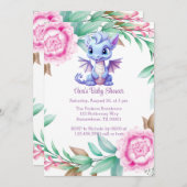 紫とピンクのドラゴン牡丹ガールベビーシャワー 招待状 (正面/裏面)