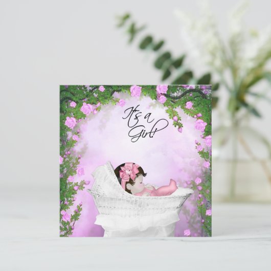 紫とピンクのバラの赤ちゃん女の子シャワー 招待状 (スタンド正面)