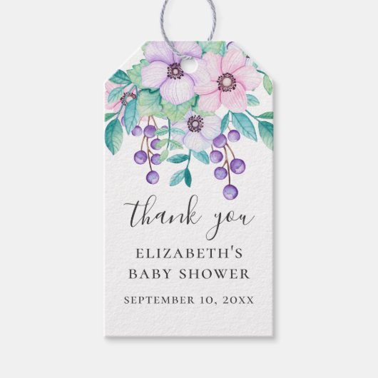 紫とピンクのフローラの赤ちゃん感謝していシャワーあなた ギフトタグ (正面)
