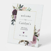 紫とピンクのフローラブライダルシャワーへようこそ 台座サイン (正面)