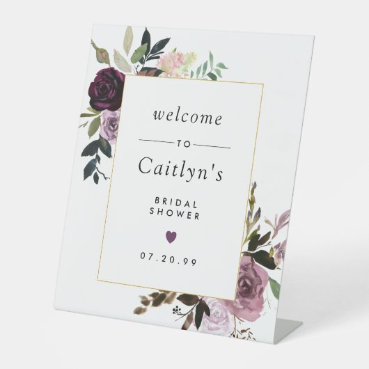 紫とピンクのフローラブライダルシャワーへようこそ 台座サイン (正面)