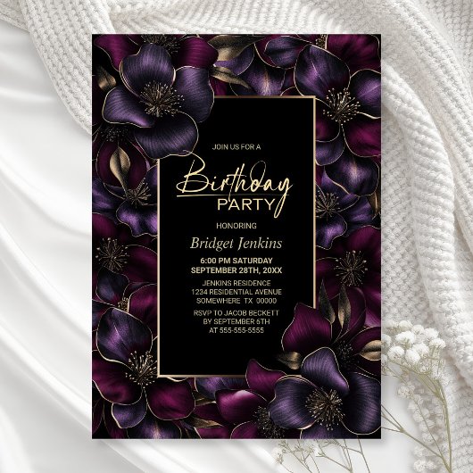 紫とピンクのフローラ任意の年齢の誕生日パーティー 招待状
