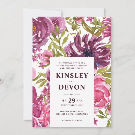 紫とピンクのフローラ水モダン色結婚の 招待状 (正面)