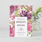 紫とピンクのフローラ水モダン色結婚の 招待状 (スタンド正面)
