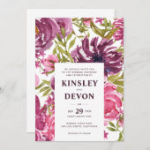 紫とピンクのフローラ水モダン色結婚の 招待状 (正面/裏面)