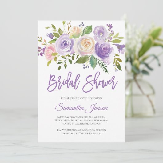 紫とピンクのフローラ素朴なブライダルシャワー 招待状 (スタンド正面)
