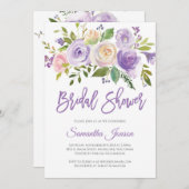 紫とピンクのフローラ素朴なブライダルシャワー 招待状 (正面/裏面)