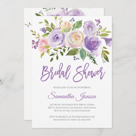 紫とピンクのフローラ素朴なブライダルシャワー 招待状 (正面/裏面)