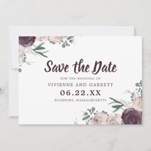 紫とピンクのフローラ結婚式の日付を保存 招待状 (正面)
