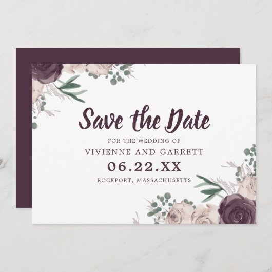 紫とピンクのフローラ結婚式の日付を保存 招待状 (正面/裏面)