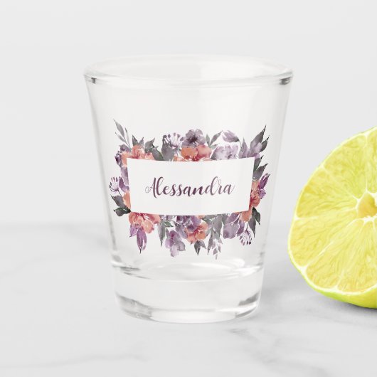 紫とピンクのフローラ長方形リース ショットグラス (正面)