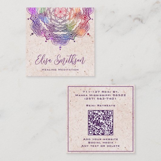 紫とピンクのマンダラ霊気癒し瞑想 スクエア名刺 (正面/裏面)