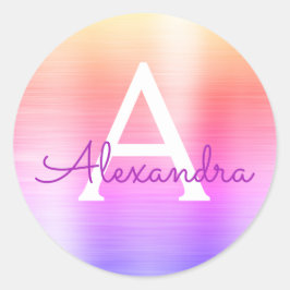 紫とピンクのメタリックガーリーモノグラム ラウンドシール