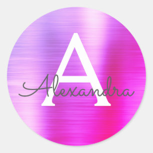 紫とピンクのメタリックガーリーモノグラム ラウンドシール