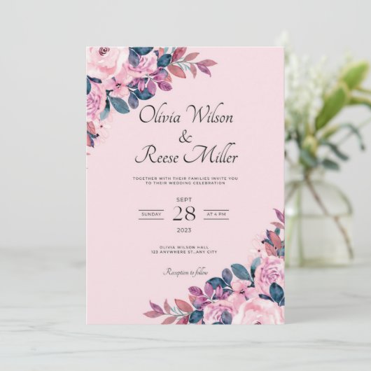 紫とピンクのヴィンテージクラシック結婚式招待状 招待状 (スタンド正面)