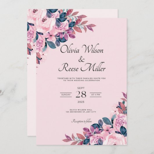 紫とピンクのヴィンテージクラシック結婚式招待状 招待状 (正面/裏面)