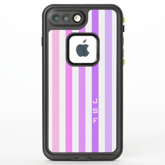 紫とピンクの垂直ストライプ文字モノグラム LifeProof iPhoneケース (裏面)