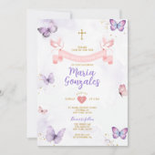 紫とピンクの女の子の最初の聖なる聖体蝶 招待状 (正面)