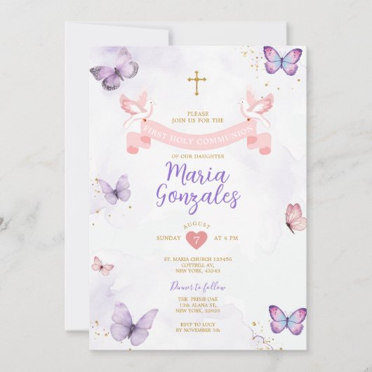 紫とピンクの女の子の最初の聖なる聖体蝶 招待状 (正面)