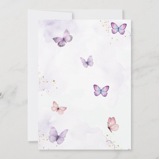 紫とピンクの女の子の最初の聖なる聖体蝶 招待状 (裏面)