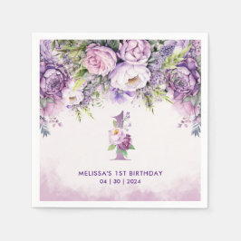 紫とピンクの庭の花の最初の誕生日 スタンダードカクテルナプキン