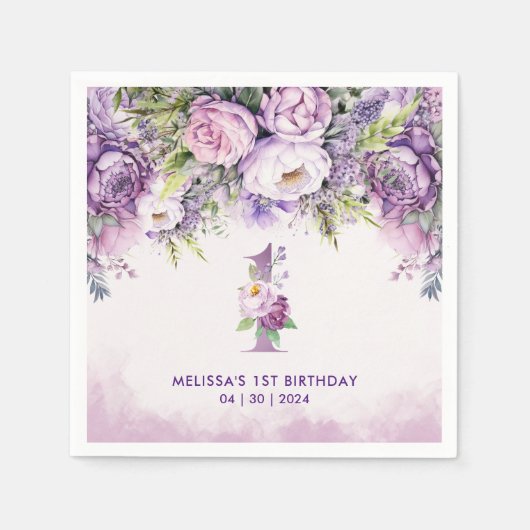紫とピンクの庭の花の最初の誕生日 スタンダードカクテルナプキン (正面)