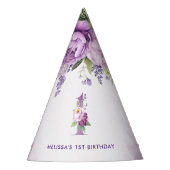 紫とピンクの庭の花の最初の誕生日 パーティーハット (正面)