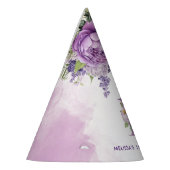 紫とピンクの庭の花の最初の誕生日 パーティーハット (左)