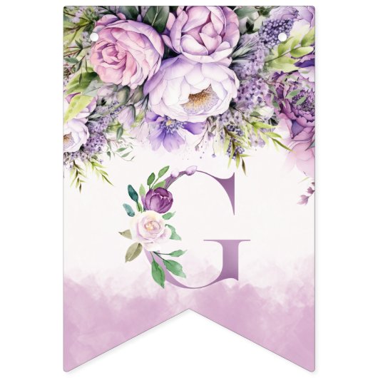 紫とピンクの庭の花ガールベビーシャワー バンティングフラッグ (第1の旗)